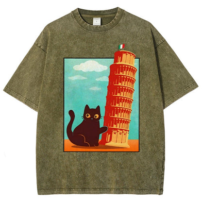 Purrfectly Tilted Funny Cat 。png Vintage Distressed T-shirt