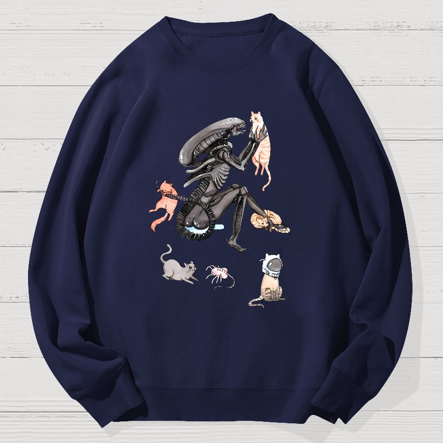 Funny Alien And Cat Geek Cotton Sweatshirt