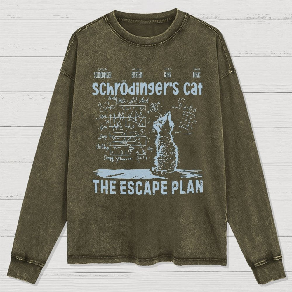 Schrodinger's Cat Escape Plan Interesting Physics Science Washed Long Sleeve Tee
