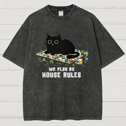 We Play By House Rules Funny Cat Vintage Distressed T-shirt