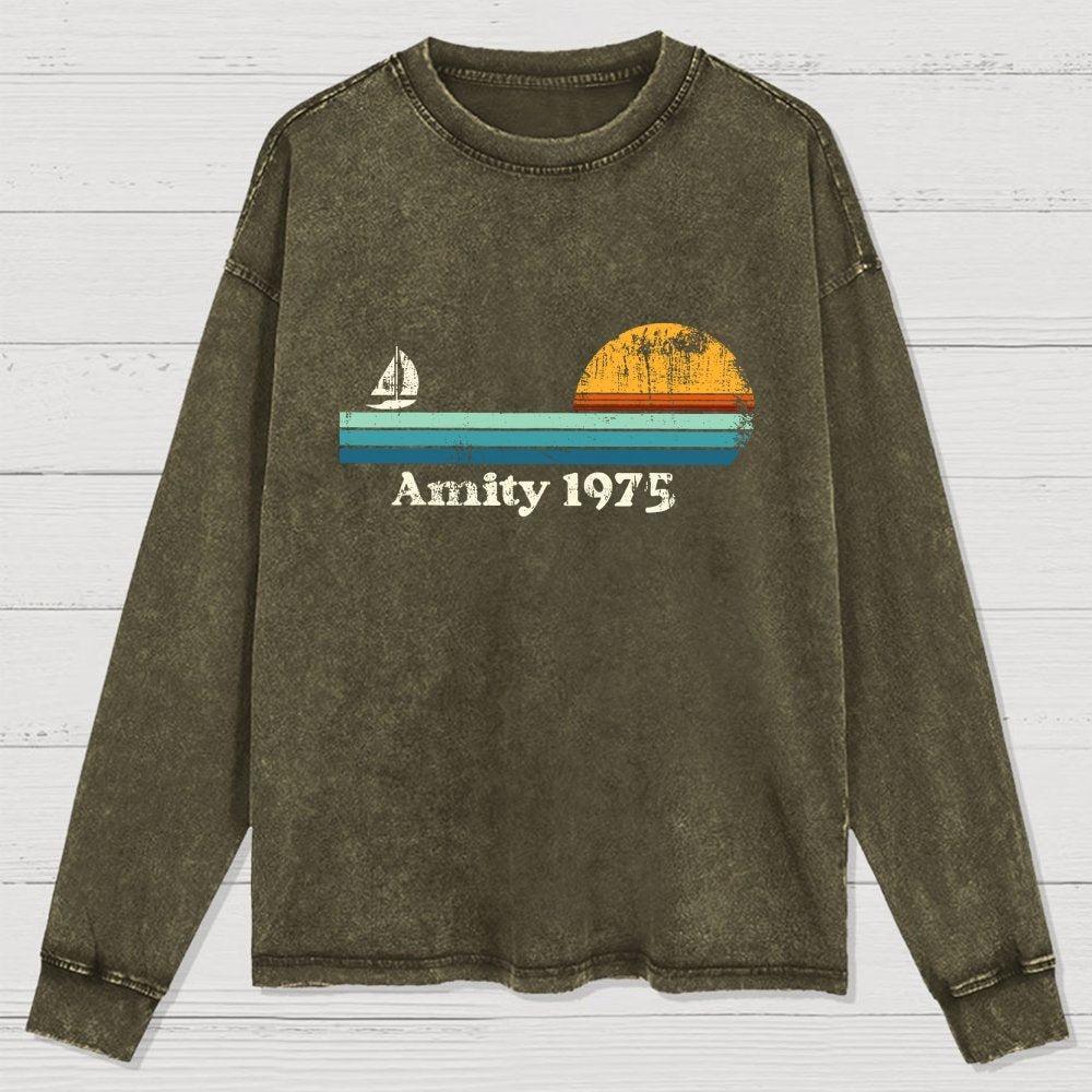 Amity 1975 Sunset Retro Sailboat Sunrise Summer Washed Long Sleeve Tee