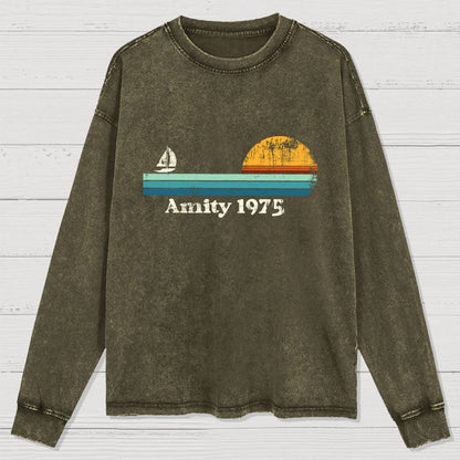 Amity 1975 Sunset Retro Sailboat Sunrise Summer Washed Long Sleeve Tee