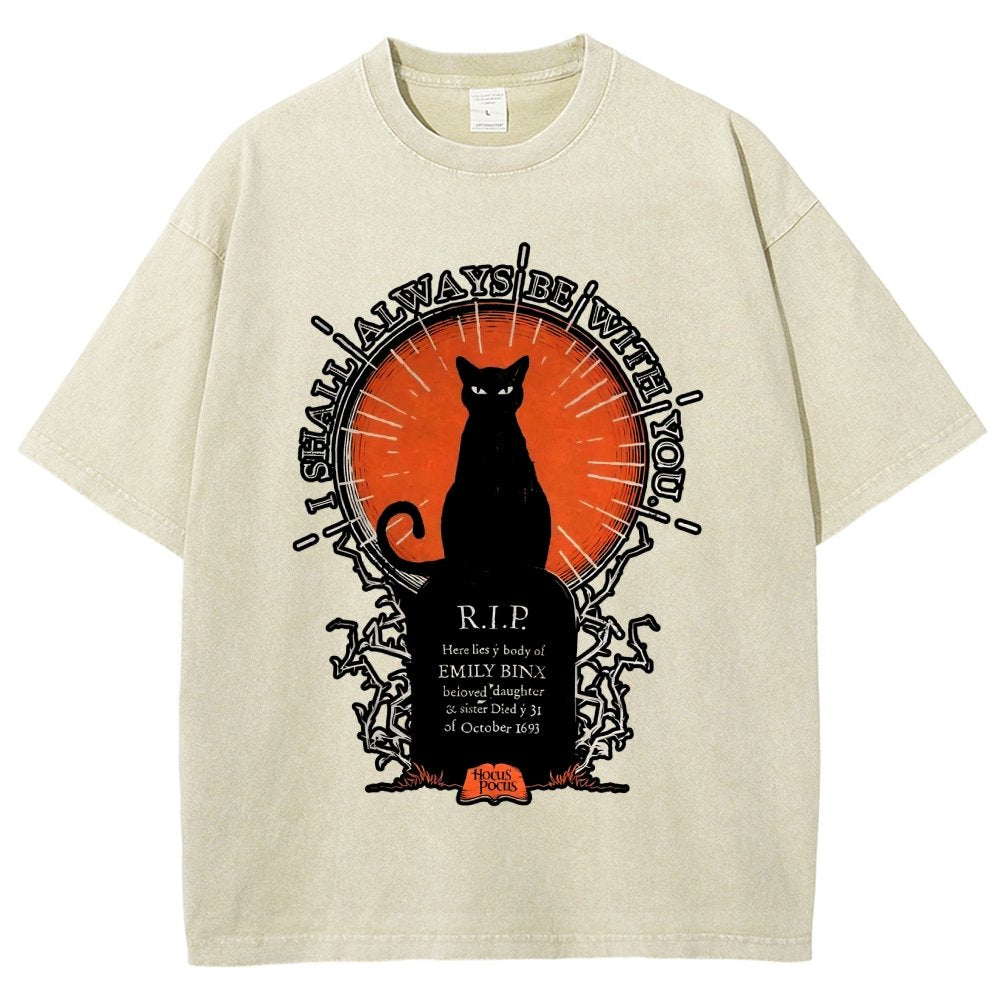 Halloween Cat Print Vintage Distressed T-shirt