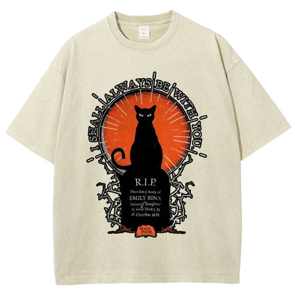 Halloween Cat Print Vintage Distressed T-shirt