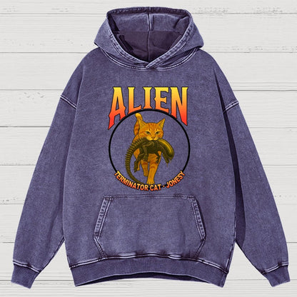 Black Cat Eating Alien Vintage Distressed Hoodie