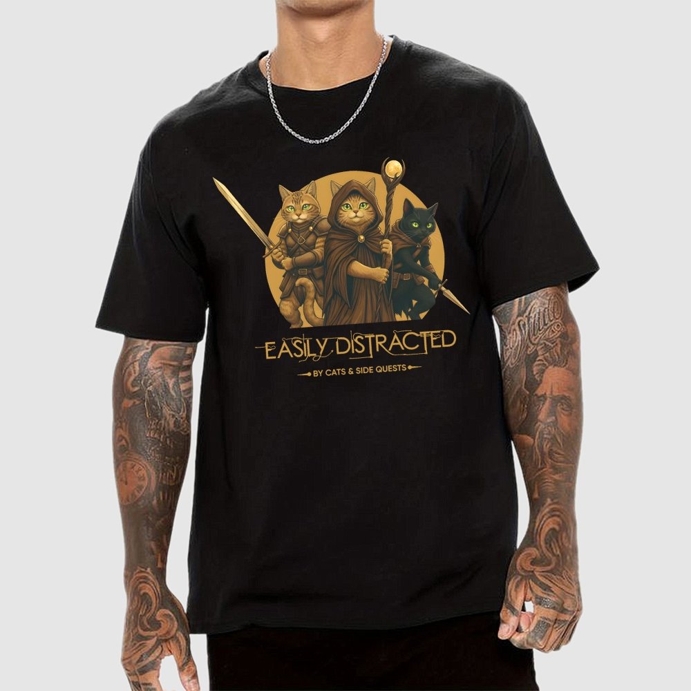 Easily Distracted By Cats And Side Quests Geek T-Shirt