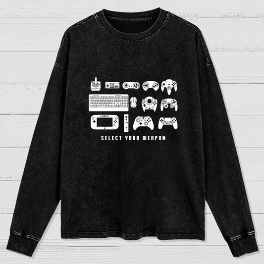 Select Your Weapon Game Controllers Washed Long Sleeve Tee