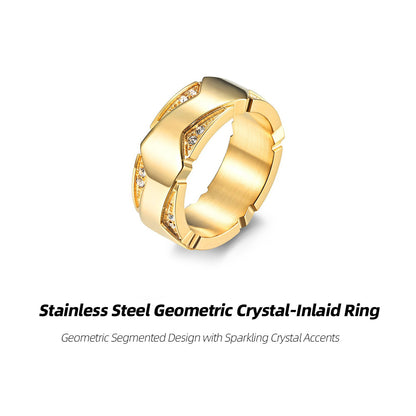 Stainless Steel Geometric Crystal-Inlaid Ring