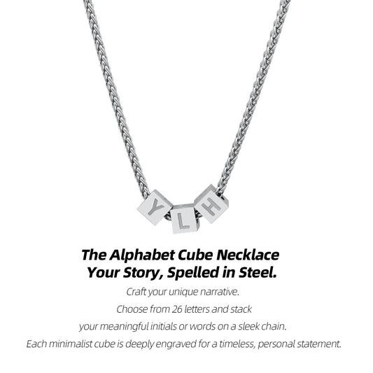 Custom Initial Necklace - Personalized Alphabet Cube Pendant in Stainless Steel