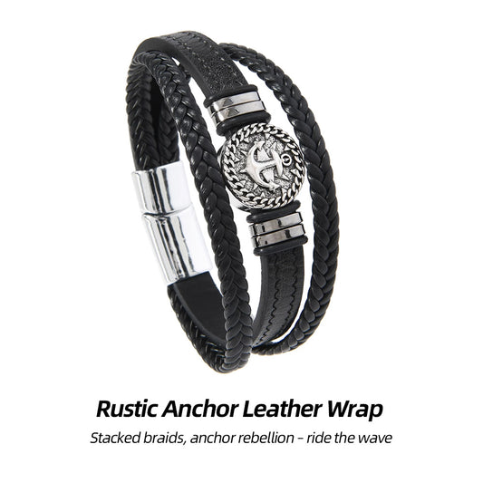 Vintage Anchor Leather Bracelet | Stacked braids, anchor rebellion – ride the wave