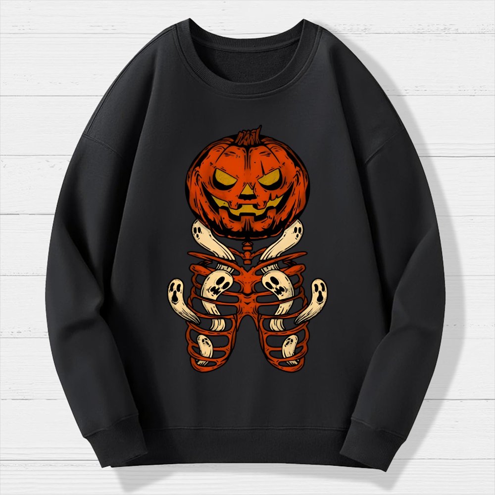 Vintage Halloween Pumpkin Skeleton Ghost Geek Cotton Sweatshirt