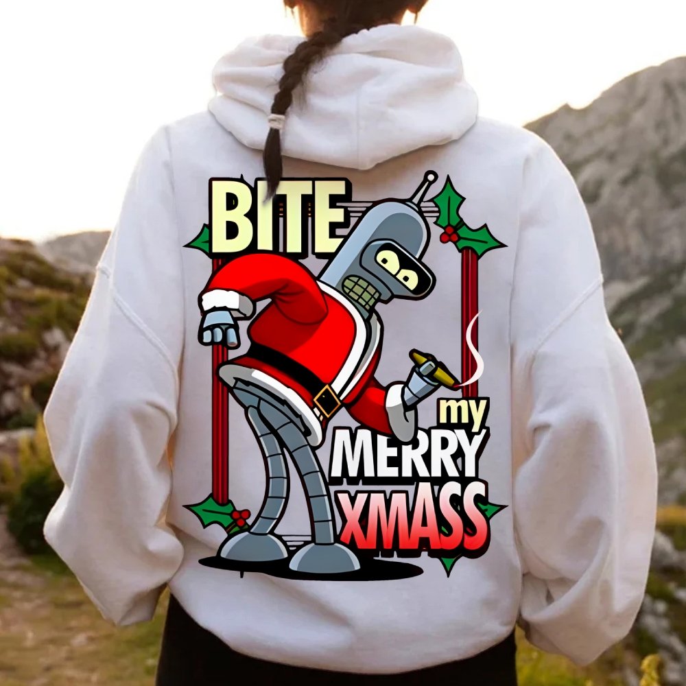 Happy Christmas From Robot Printed Back Cotton Hoodie