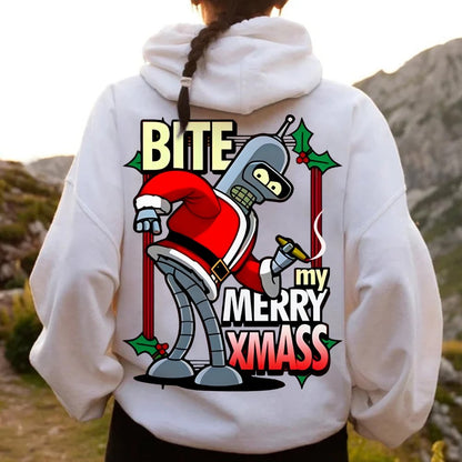 Happy Christmas From Robot Printed Back Cotton Hoodie