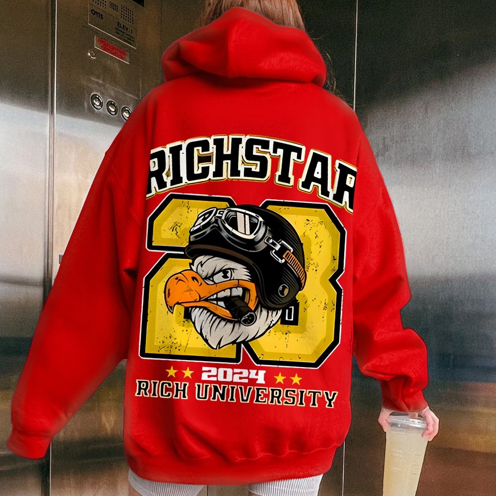 Vintage Rich Star Graphic Print Printed Back Cotton Hoodie