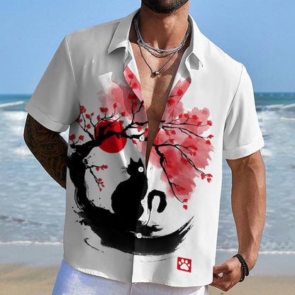 Sakura Cat Sumi E Geek Hawaiian Shirt