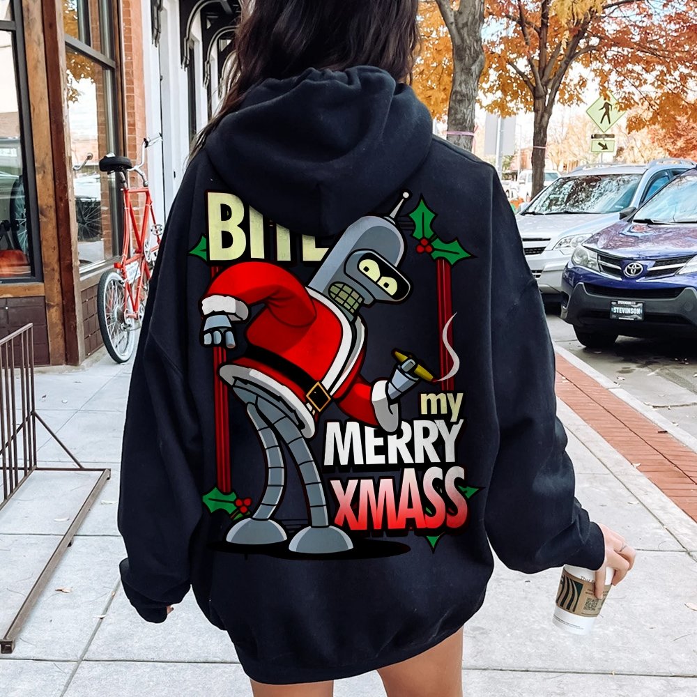 Happy Christmas From Robot Printed Back Cotton Hoodie