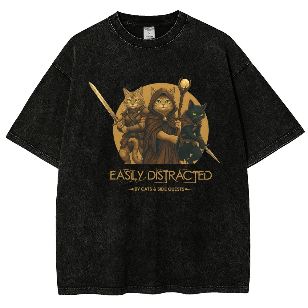 Easily Distracted By Cats And Side Quests Vintage Distressed T-shirt