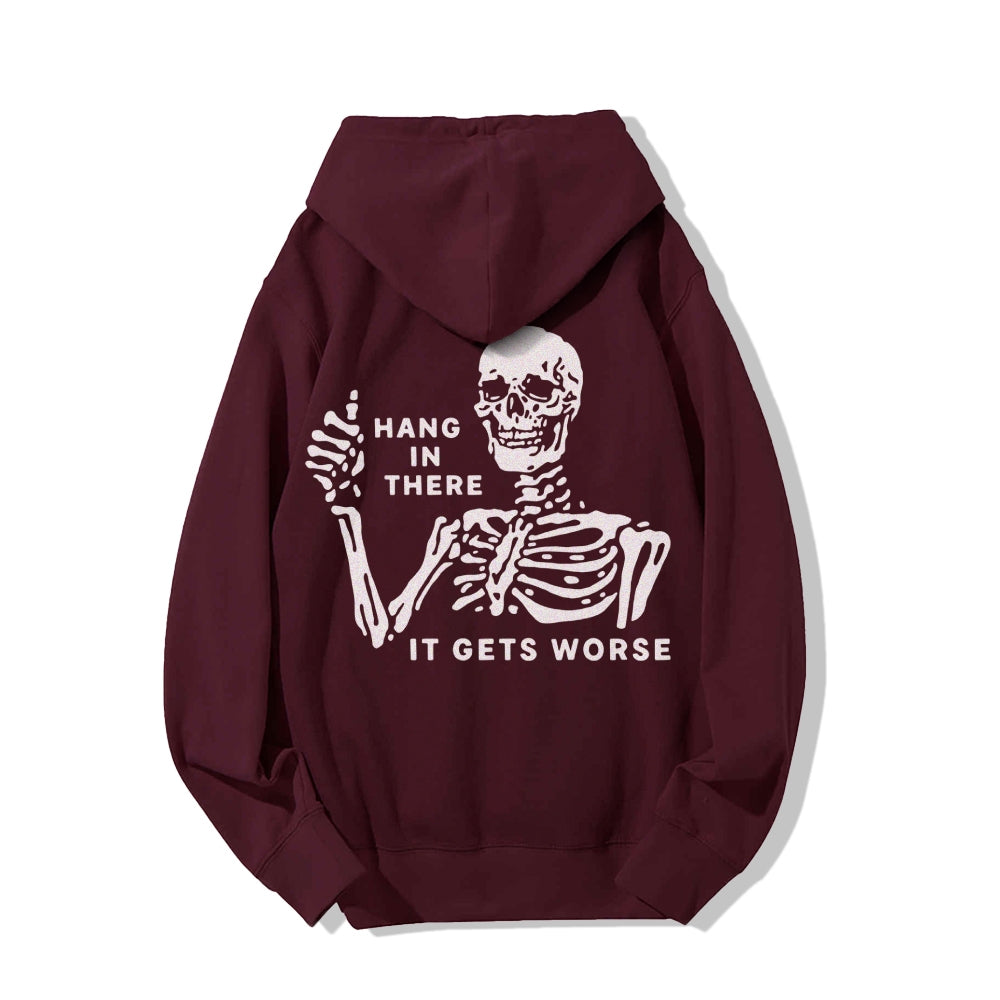 Hang In There Skeleton Printed Back Unisex Cotton Hoodie