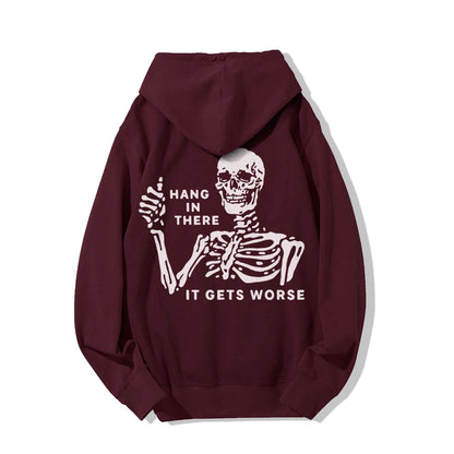 Hang In There Skeleton Printed Back Unisex Cotton Hoodie