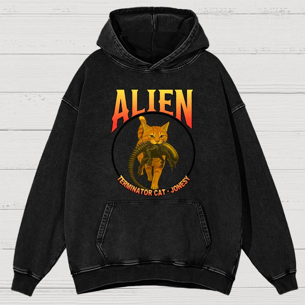Black Cat Eating Alien Vintage Distressed Hoodie