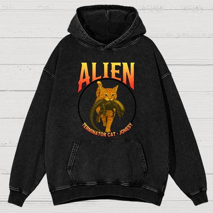 Black Cat Eating Alien Vintage Distressed Hoodie