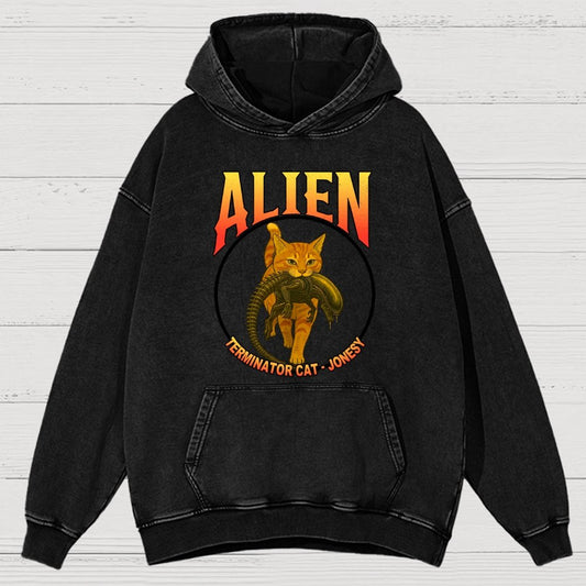 Black Cat Eating Alien Vintage Distressed Hoodie
