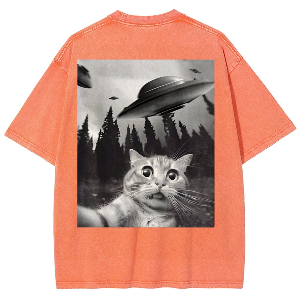 Ufo Cat Back Washed T-Shirt