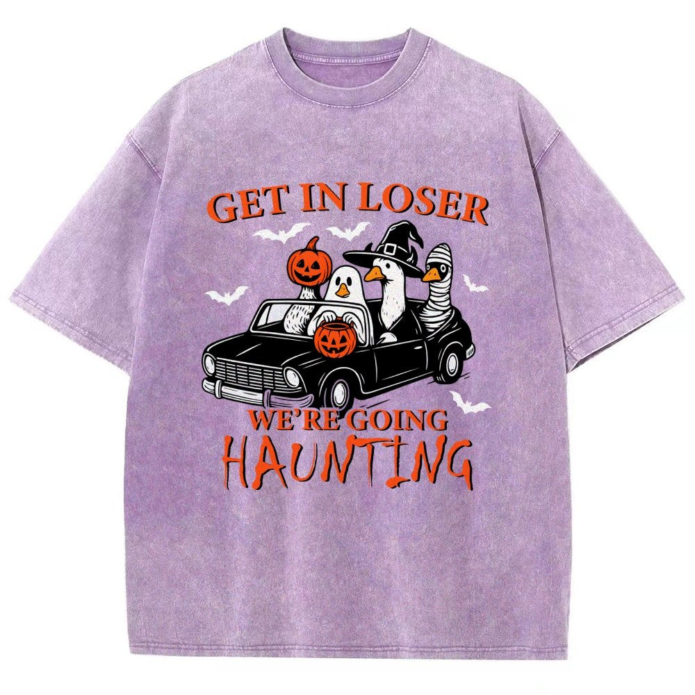 Get in Loser We’re Going Haunting Halloween Ghost Goose Vintage Distressed T-shirt