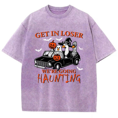 Get in Loser We’re Going Haunting Halloween Ghost Goose Vintage Distressed T-shirt