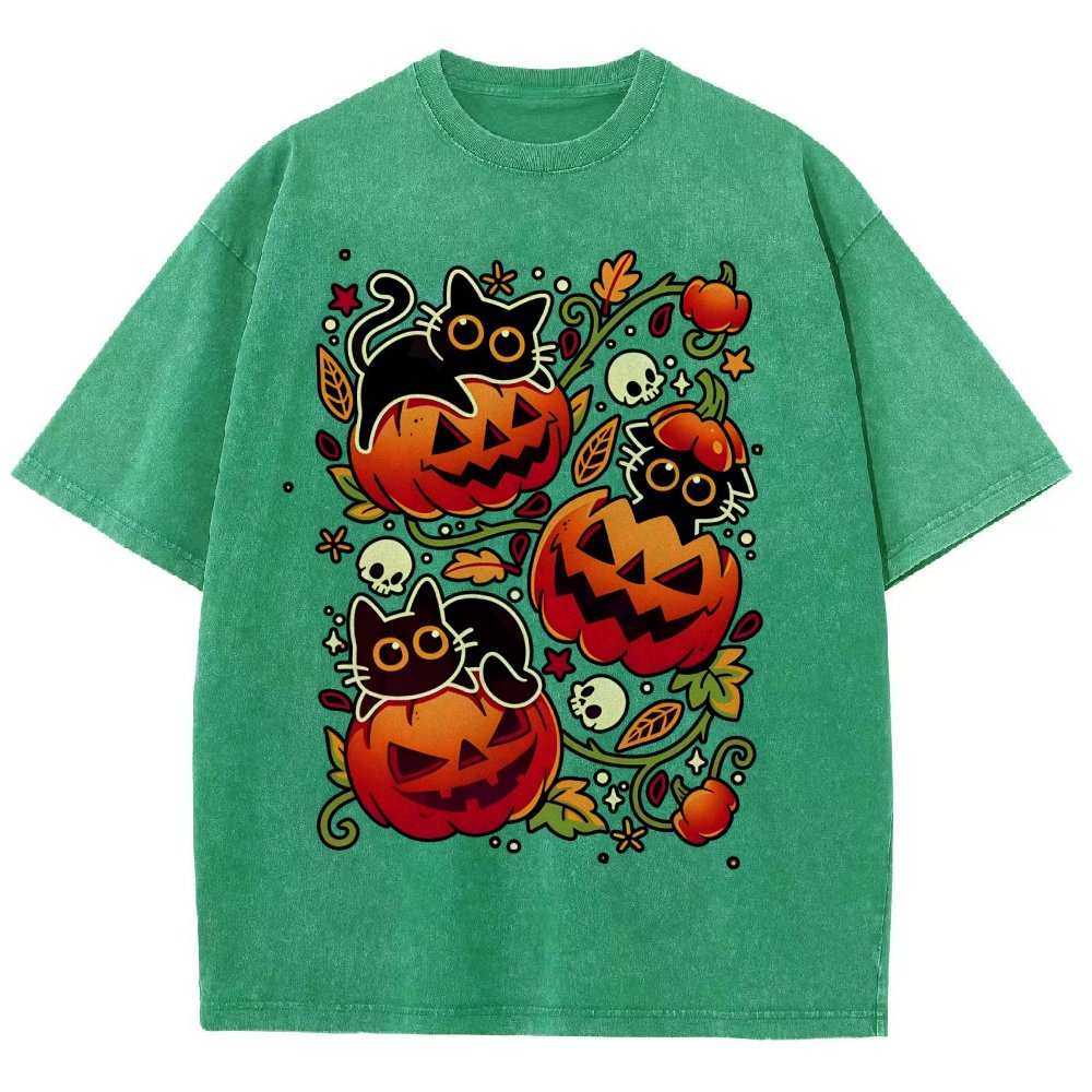 Black Cat Pumpkin Halloween Party Vintage Distressed T-shirt
