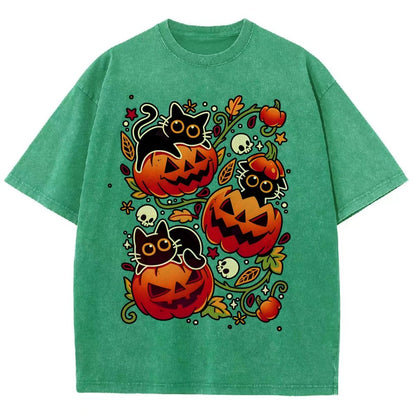 Black Cat Pumpkin Halloween Party Vintage Distressed T-shirt
