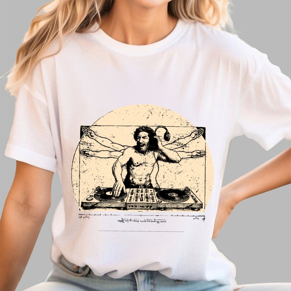Vitruvian DJ T-Shirt  Funny Da Vinci Music Mashup Unisex Geek T-Shirt