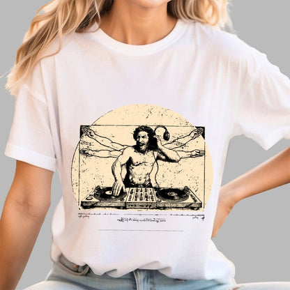 Vitruvian DJ T-Shirt  Funny Da Vinci Music Mashup Unisex Geek T-Shirt