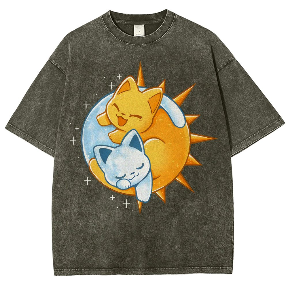 Sun Moon Kittens Vintage Distressed T-shirt