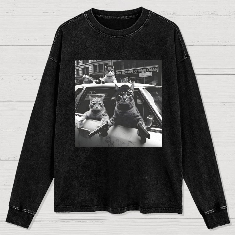 Funny Cat Gang Vintage Washed Long Sleeve Tee