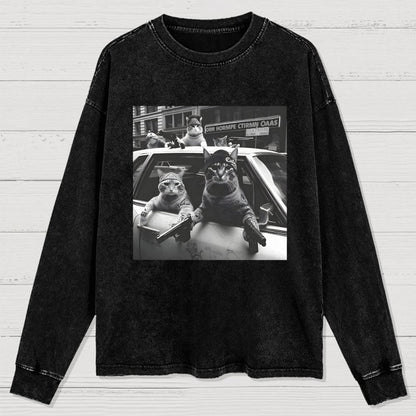 Funny Cat Gang Vintage Washed Long Sleeve Tee