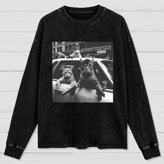 Funny Cat Gang Vintage Washed Long Sleeve Tee