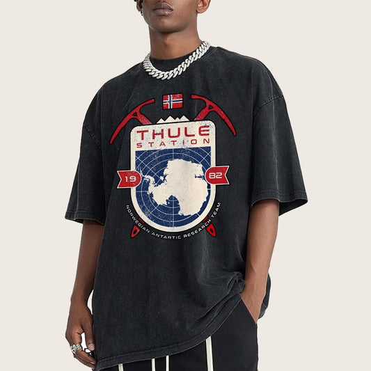 Vintage Distressed T-shirt with a Mysterious Station