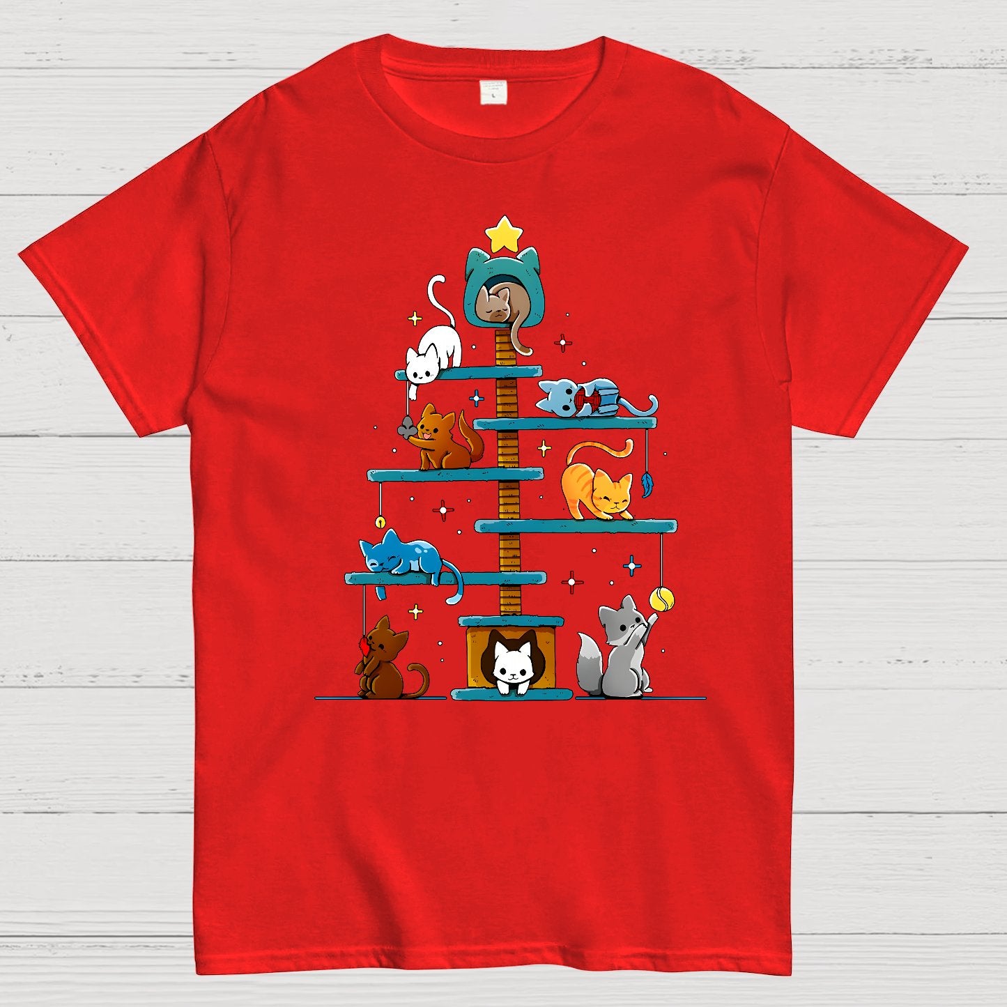 Christmas House Tree Cats Geek T-Shirt