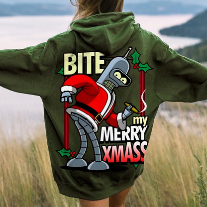 Happy Christmas From Robot Printed Back Cotton Hoodie