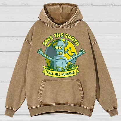 Save The Earth Kill All Humans Vintage Distressed Hoodie