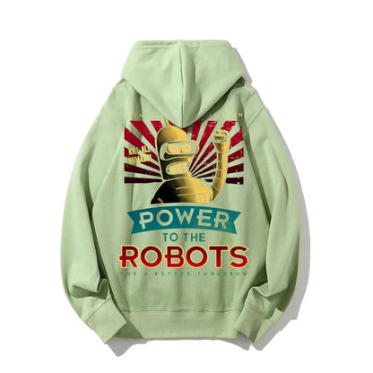 Power To The Robots Printed Back Cotton Hoodie