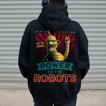 Power To The Robots Printed Back Cotton Hoodie