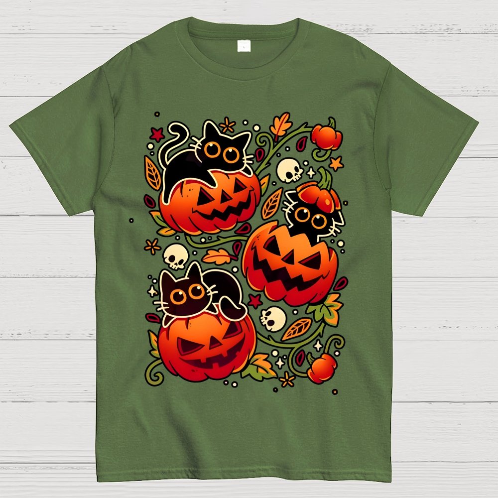 Black Cat Pumpkin Party Geek Cotton T-Shirt