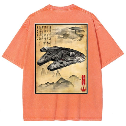 Escape from Sky City woodblock Back Print Washed T-Shirt
