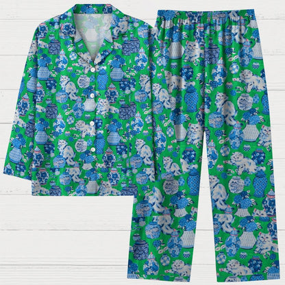Cat Ceramic Art Pattern Geek Long Sleeve Pajama Set