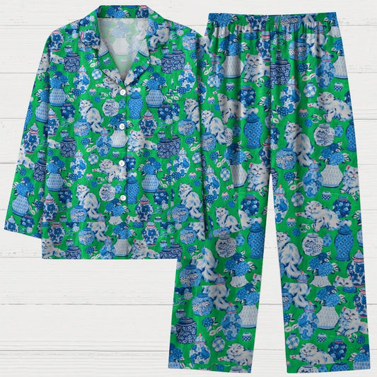 Cat Ceramic Art Pattern Geek Long Sleeve Pajama Set