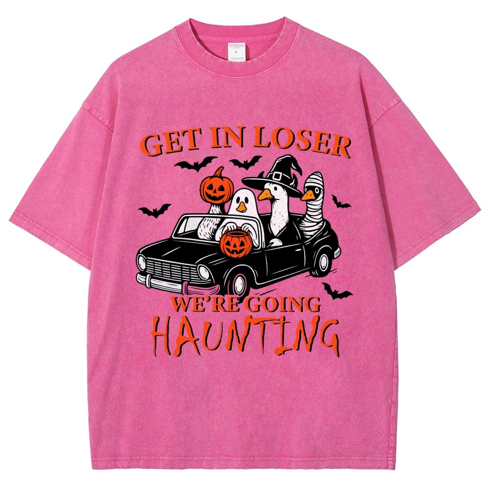 Get in Loser We’re Going Haunting Halloween Ghost Goose Vintage Distressed T-shirt