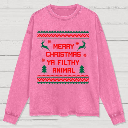Merry Christmas Ya Filthy Animal  funny Washed Long Sleeve Tee