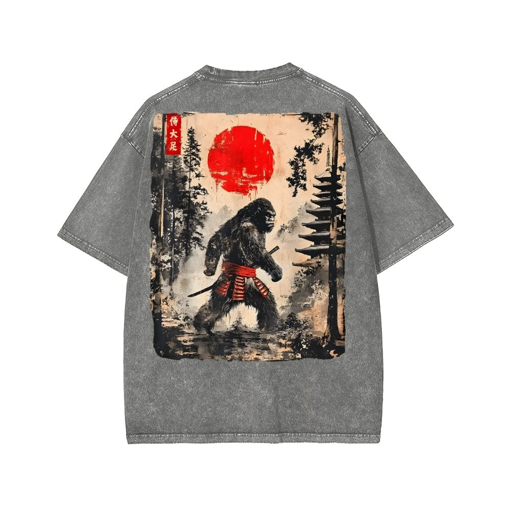 Funny Samurai Ukiyo-e Vintage Graphic Washed T-shirt